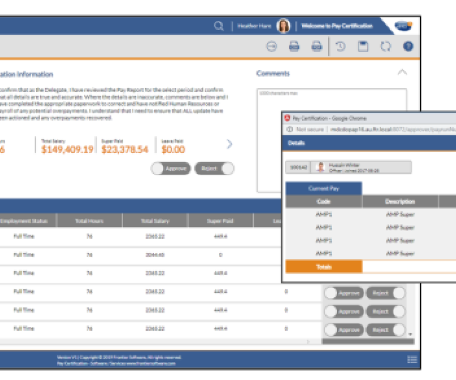 Image depicting the payroll verification approval screen on the payroll Verification module from Frontier Software