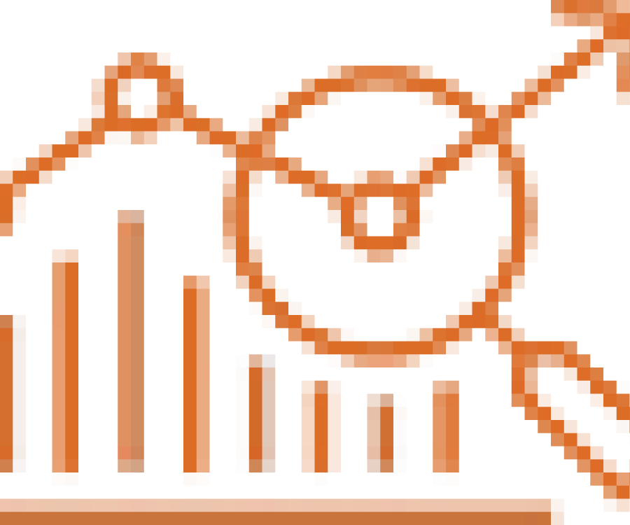 Icon depicting a bar graph with a line graph above it and a magnifying glass in the top right corner