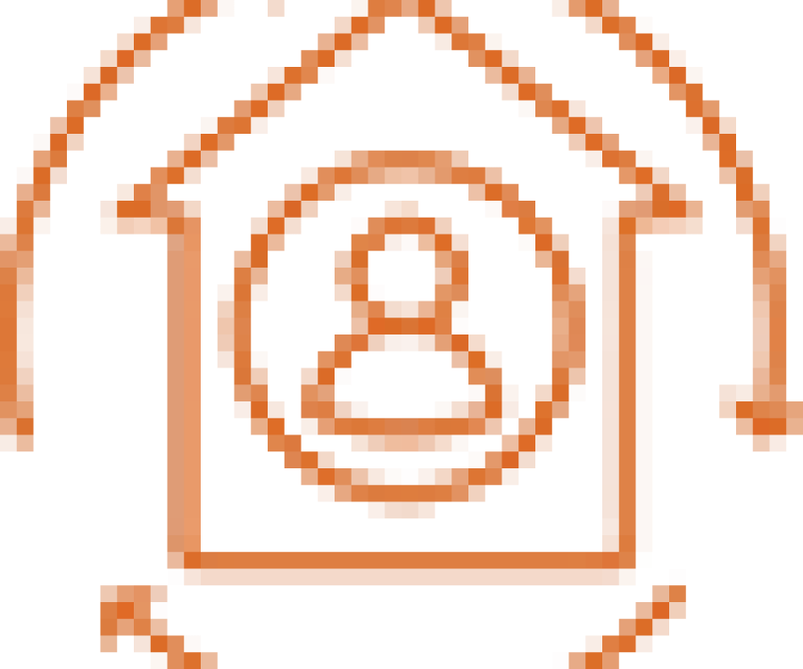 Icon depicting a house, inside of which is a bust inside a circle. Circling the house are arrows heading in a clockwise direction