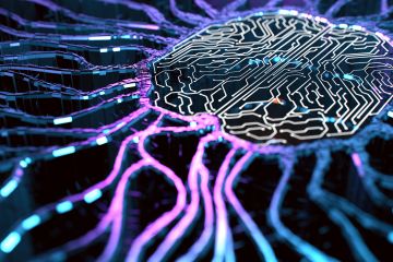 A brain-shaped circuit board surrounded by glowing neural network connections.