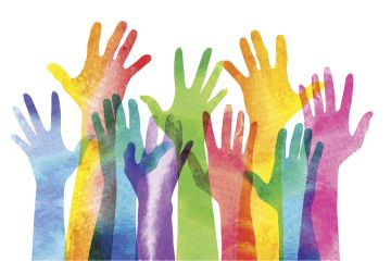 Image of multi-coloured hands and arms reaching skyward