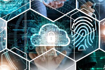 Digital security icons—cloud, fingerprint, and encryption—highlight cybersecurity measures like identity protection and data privacy.